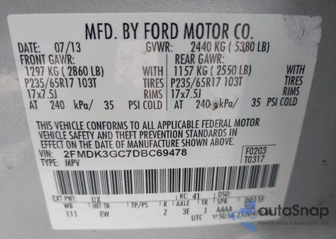 2013 Ford Edge Se z USA, uszkodzony, nr VIN 2FMDK3GC7DBC69478